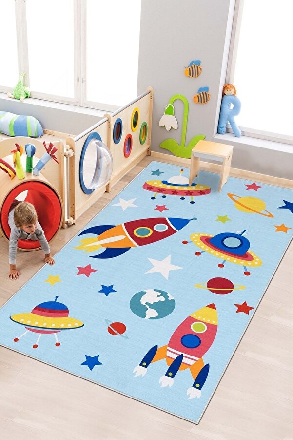 Confidence Home Makinede Yıkanabilir Kaymaz Taban Leke Tutmaz Uzay Temalı Bebek ve Çocuk Halısı Oyun Matı