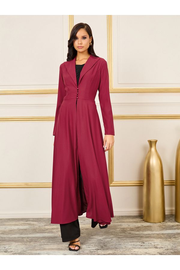 Styli-Button Loop Closure Collared Tailored Maxi Kimono 1