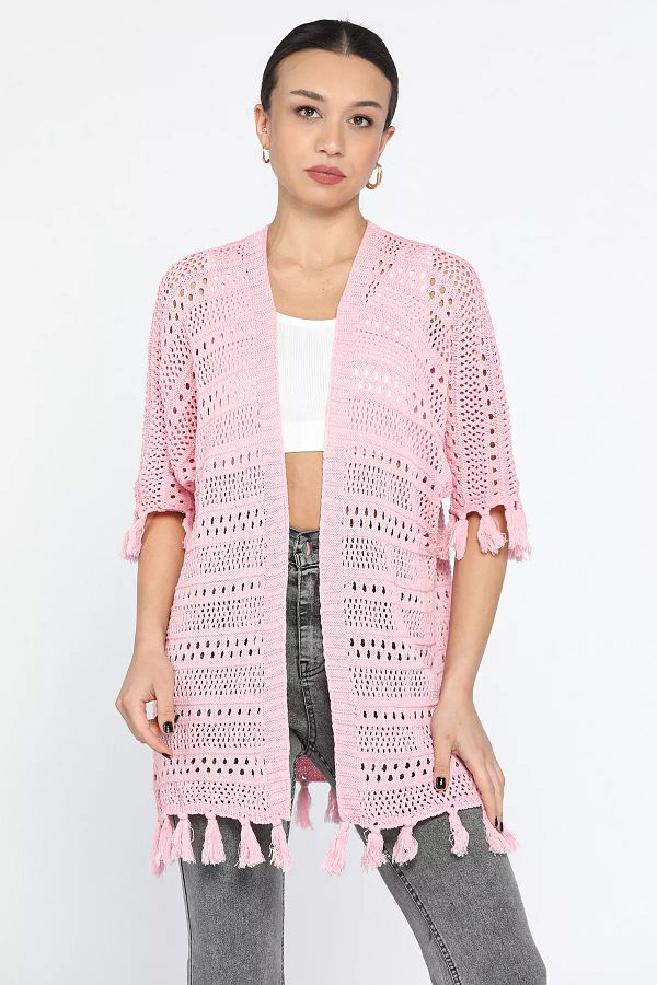 GULSEL Openwork Women s Knitwear Cardigan Pink Tassel Detailed Trendyol