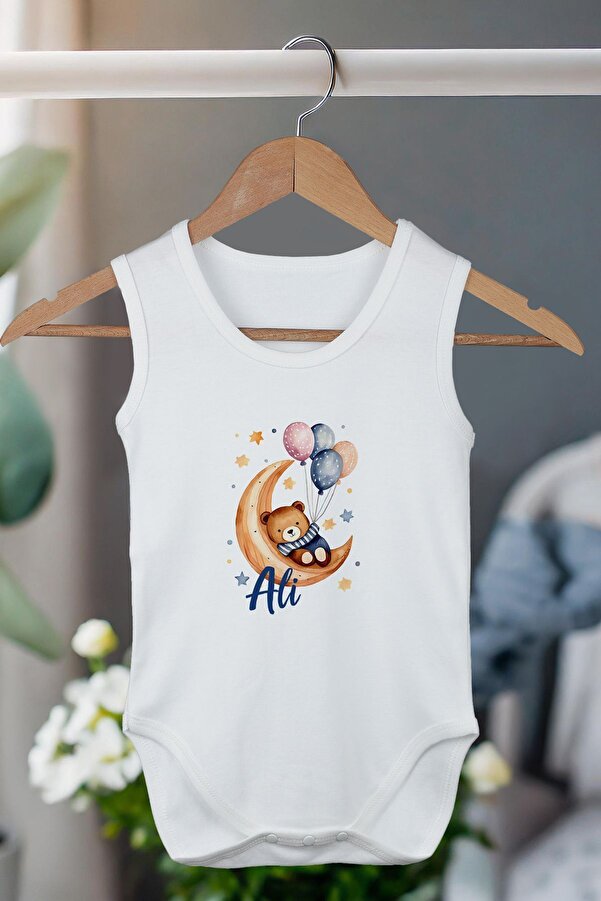 Homamia %100 Organik Pamuk Kişiye Özel Beyaz Atlet Bebek Body Zıbın Balonlu Ayı