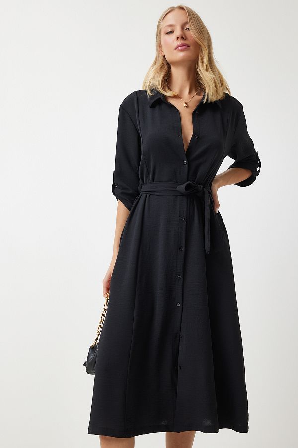 Happiness İstanbul-Schwarzes Damen-Hemdkleid mit Gürtel DD01256 1