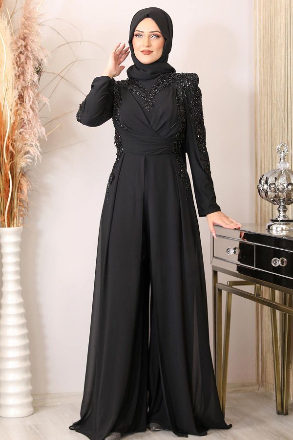 Fashion Showcase Black Long Chiffon Jumpsuit Pleated and Beaded Evening Dress Hijab Trendyol