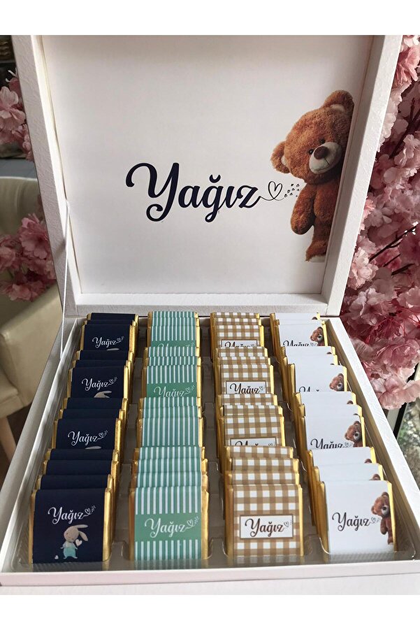 Minemiss Tasarım Lüks Kutulu Isme Özel Tasarımlı Kız-erkek Bebek Çikolatası 50 Adet Dogum-yaş Günü-hediyelik Çikolata