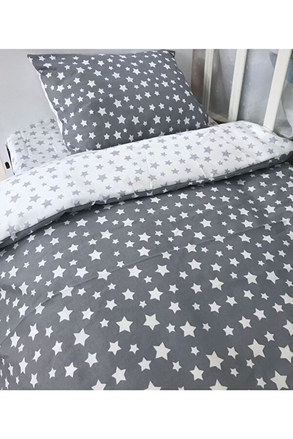 Bebek Özel Pamuklu Çocuk Tek Kişilik Yastık Çarşaf Yorgan Seti Gri Beyaz Yıldızlı (yorganlı)