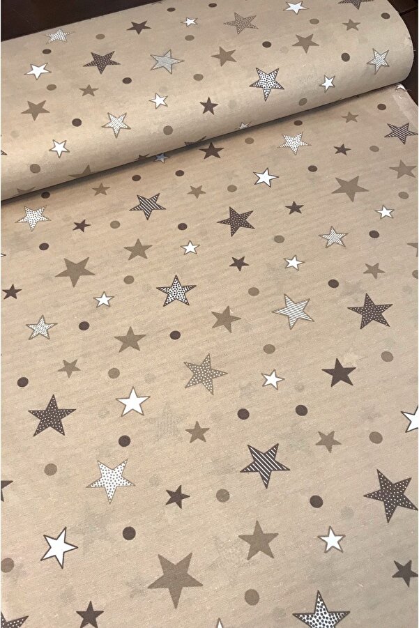 Bebek Özel Bir Metre Pamuklu Kumaş Yıldızlı Kahverengi Desenli 240 cm Eninde (100X240 cm)