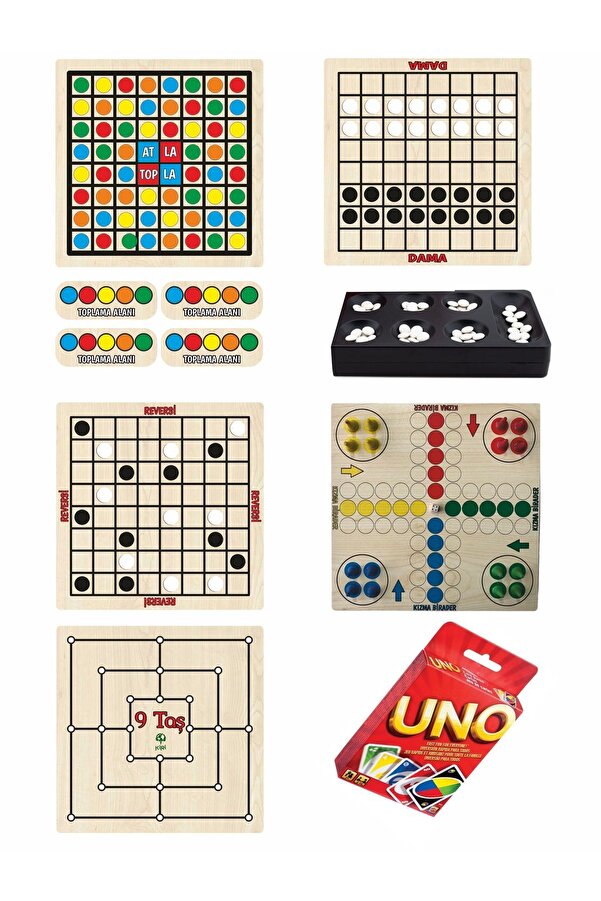 Kiri Ahşap Zeka Oyun Seti 7li Dama + 9 Taş + Mangala + Atla Topla + Kızma Birader + Uno Kartlar + Reversi