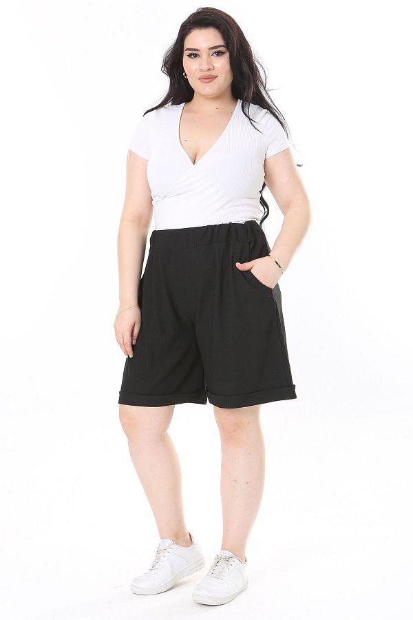 Şans-Large Size Black Wrap Shorts with Side Pockets - Elastic Waist 65N37979 1