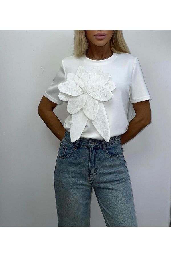 Pulli Collection-New Season White Floral Patterned Women's T-Shirt 1