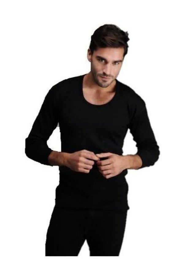 Hasyün-Lenjerie neagră pentru bărbați cu mânecă lungă Lenjerie de corp Lână naturală 1