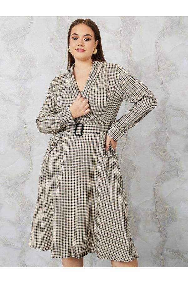 Styli Plus Checked Design Belted Blazer Midi Dress Trendyol