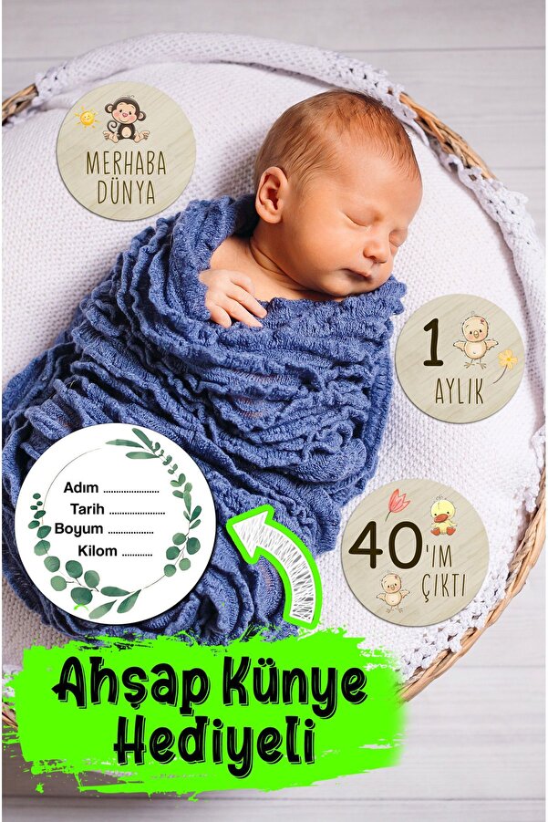 kutuTR Ahşap Türkçe Aylık Plak Seti Bebek Fotoğraf Kartları Ahşap Bebek Anı Kartı Yenidoğan Hediyesi