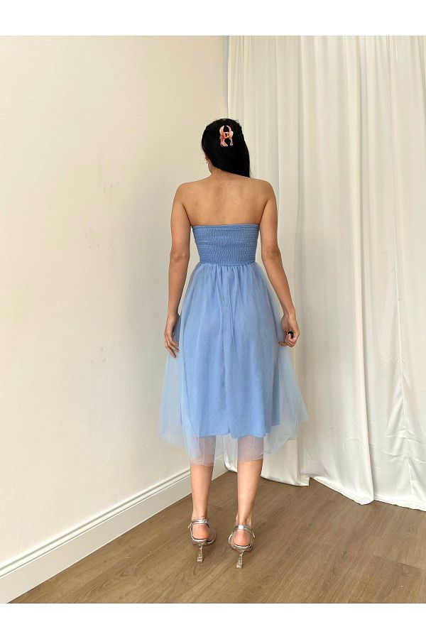 M SSC XFASH ON Evening Dress Women s Strapless Draped Slim Fit Flared Tulle Skirt Midi Tulle Dress Evening Dress and Graduation Dress Trendyol