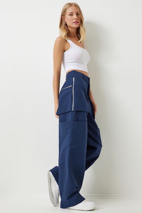 Happiness stanbul Navy Blue Women s Cargo Pants Zippered Parachute Fabric OH00057 Trendyol