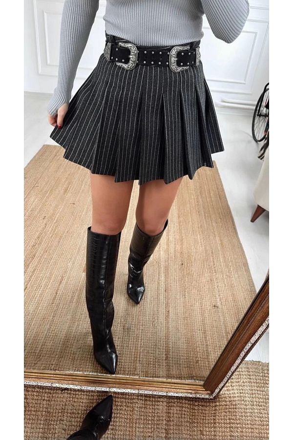 Myra Black Striped Pleated Stitched Mini Skirt Trendyol