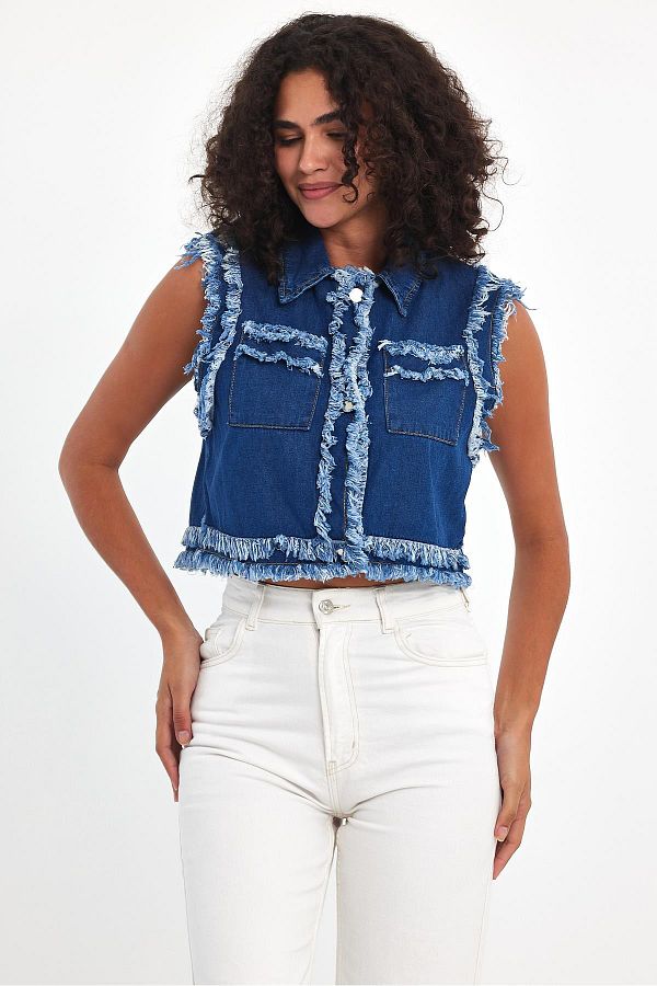 Dark denim vest womens top