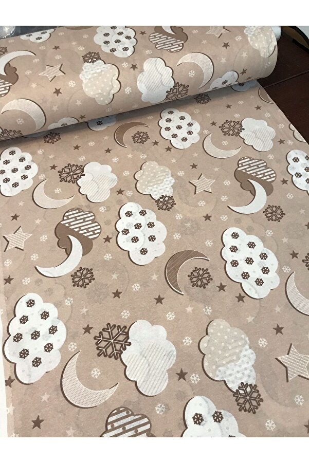 Bebek Özel Bir Metre Pamuklu Kumaş Kahverengi Bulutlu Desenli 240 cm Eninde (100X240 cm)