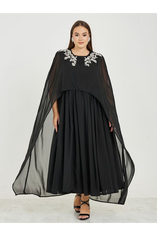 Styli Plus Embellished Detail Cape Style Maxi Dress Trendyol