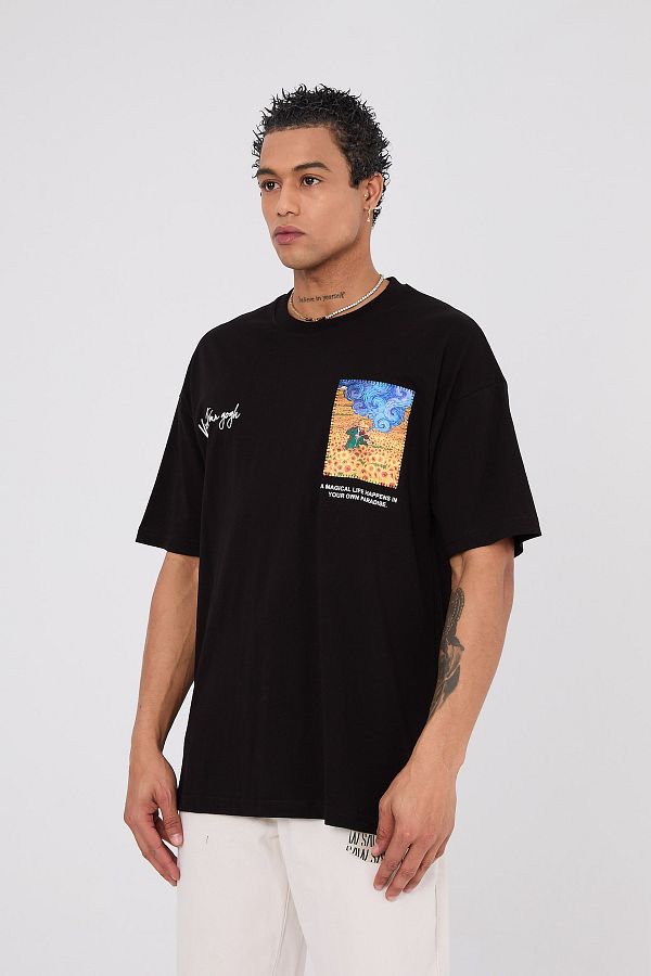 【SATIIIZ】Vaelin Pigment Printing T-shirt DTG Pint Tshirts Mens 95 Cotton 5 Elastane Loose Fit Graphic