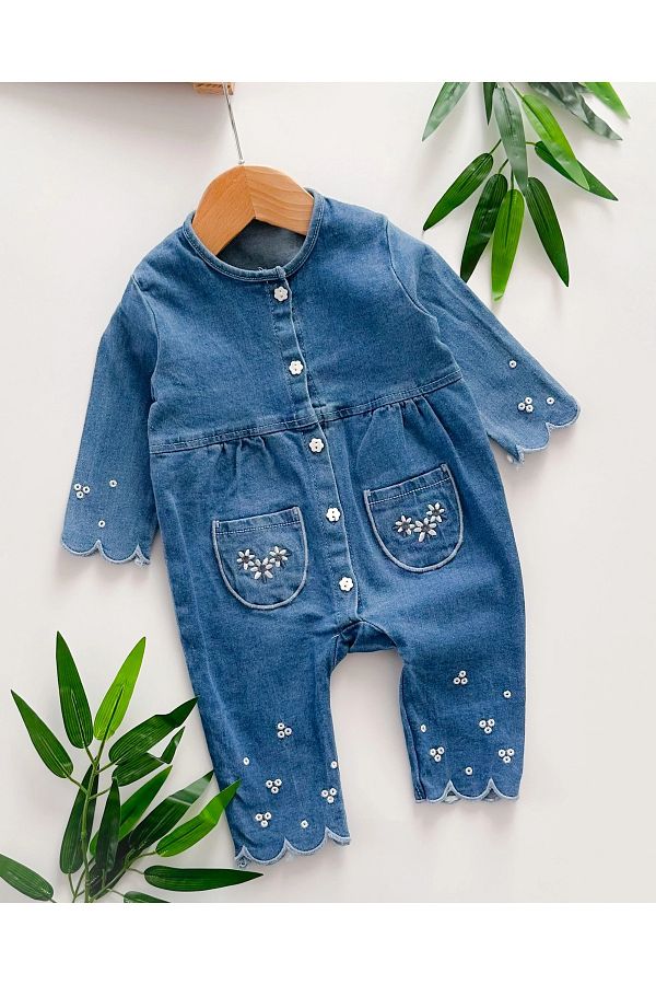 BabyWorldStore Vintage Elegant Baby Girl Jeans Jumpsuit Crew Neck 3 12 Months Trendyol