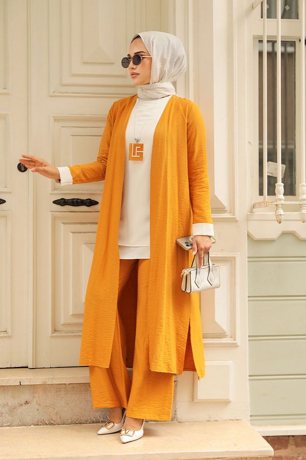 Neva Style Cardigan Mustard Hijab Triple Set 5223hr Trendyol