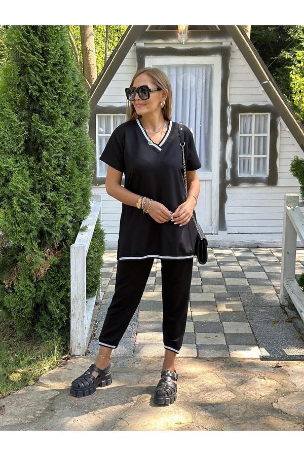 BUKETLİ-Women's Ribbed Detail V-Neck Short Sleeve Double Suit 1