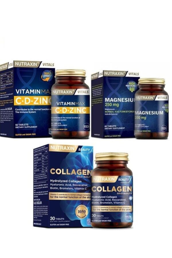 Nutraxin-Vitamin B Complex - 60 Tablets + Type 1 and Type 3 30 Tablets Containing Hydrolyzed Collagen + Vitamin Max C-D-Zinc 1