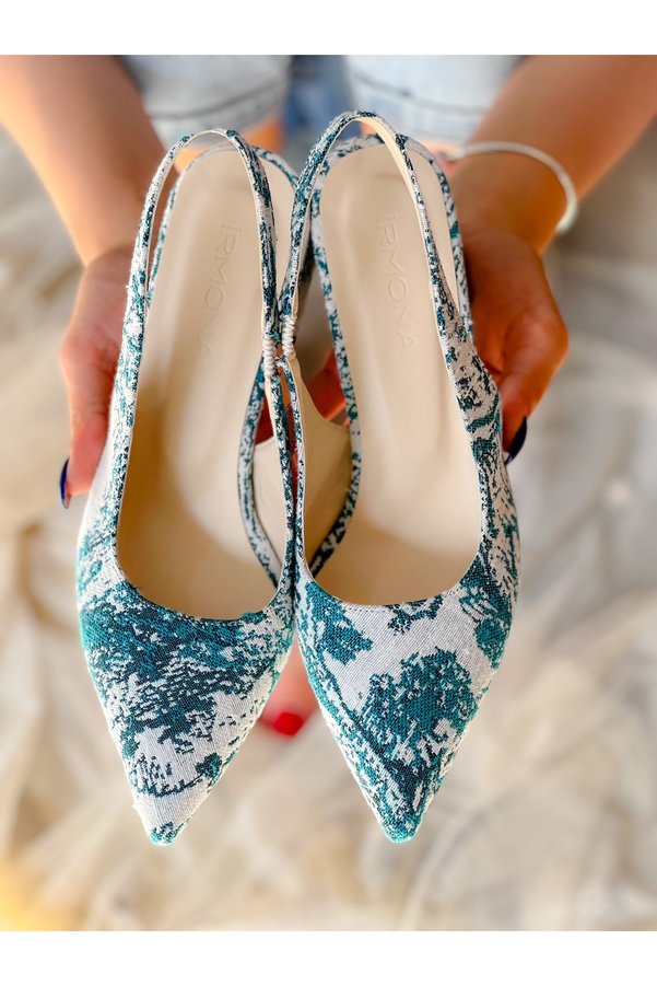 irmona Mari̇a Green Patterned Linen Heel Sandals Shoes