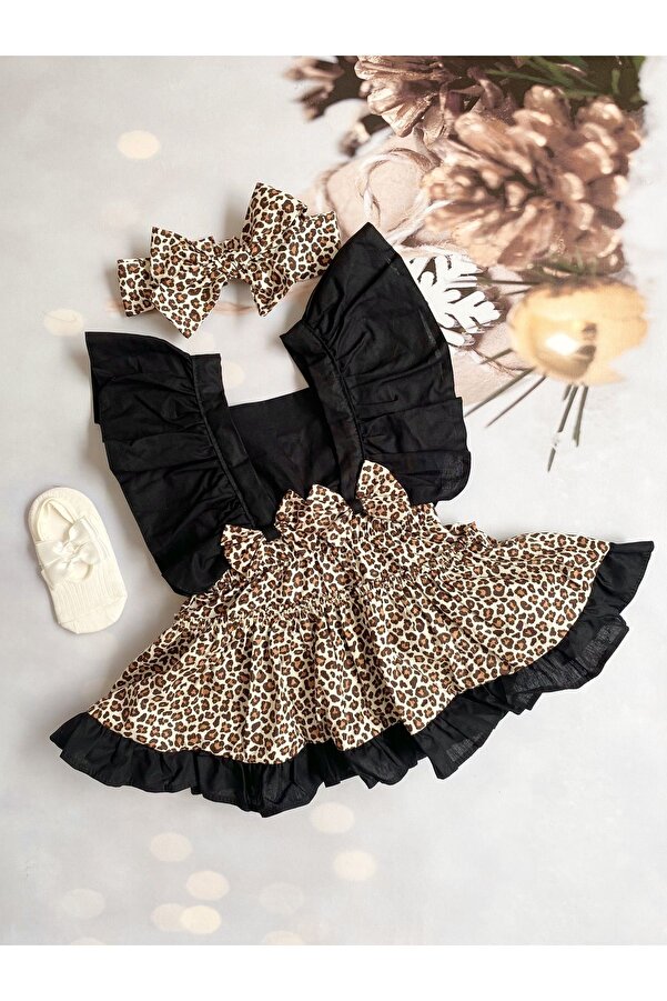 Mini Kids Baby Kız Bebek Leopar Desenli Salopet Elbise Babet Çorap Bandana Takım