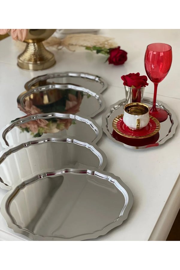 Aslı Hediyelik Set of 6 20x25 cm Oval Wavy Silver-Plated Model Tea, Coffee, Serving Presentation Tray 20x25 cm