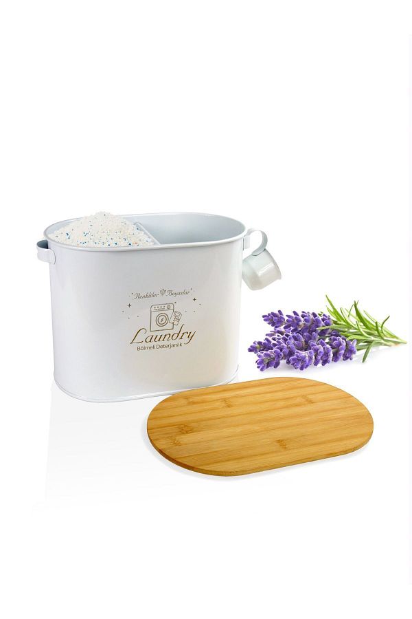 Laundry-Capac din bambus Compartiment metalic Suport pentru detergent pulbere cu cântare, cutie de depozitare pentru tablete alb 1