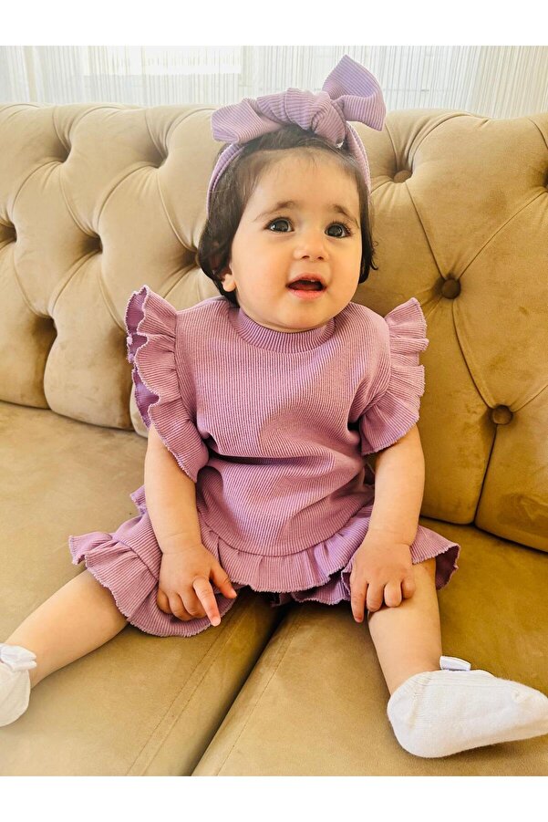 eymwes Kız Bebek Çocuk Yazlık Ribana Kumaş Bandanalı Fır Fır Detaylı Şortlu Takım