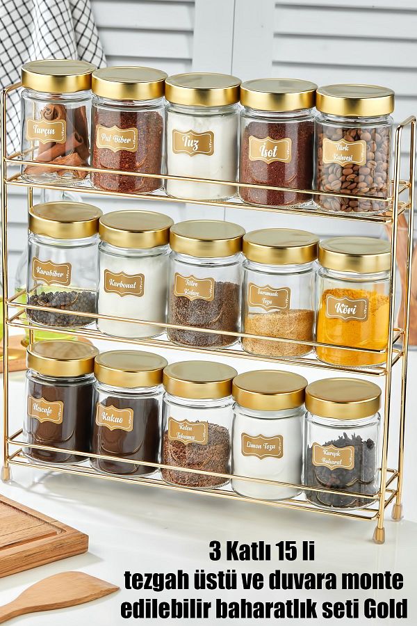 vipgross-15-Piece Round Glass Jar Set with 3-Layer Metal Stand, 3-Layer 15-Piece Spice Jar Set 1