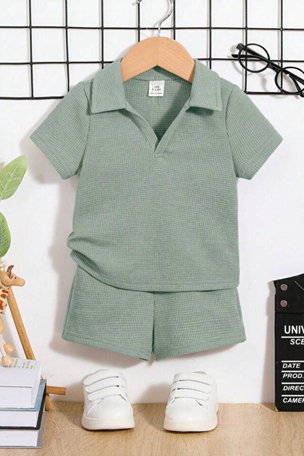 Bubito Waffle Görselli V Yaka Pamuklu Yazlık Bebek Çocuk Şort Takım-Yeşil