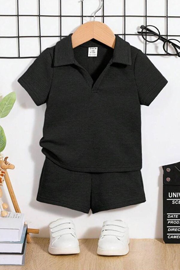 Bubito Waffle Görselli V Yaka Pamuklu Yazlık Bebek Çocuk Şort Takım-Siyah