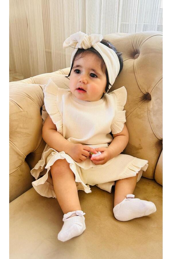 eymwes Kız Bebek Çocuk Yazlık Ribana Kumaş Bandanalı Fır Fır Detaylı Şortlu Takım