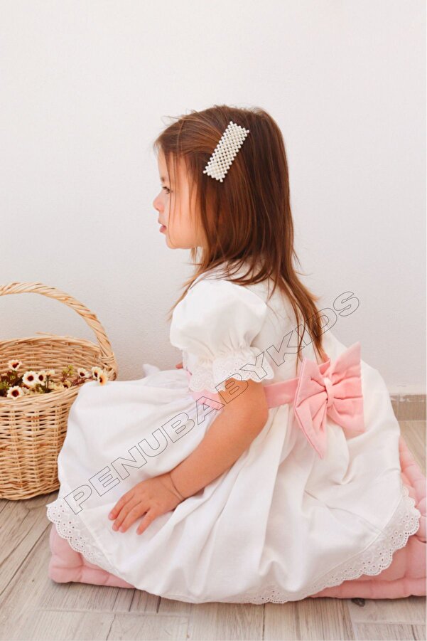 penu baby kids Beyaz Pembe Fiyonklu Kısa Kol Kız Bebek Elbise - Candy