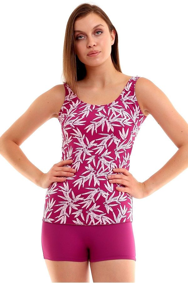 Argisa-Leaf Patterned Tankini with Shorts 5526 Fuchsia 1
