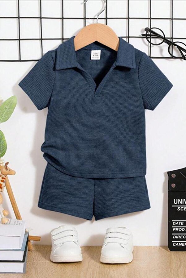 Bubito Waffle Görselli V Yaka Pamuklu Yazlık Bebek Çocuk Şort Takım-Lacivert
