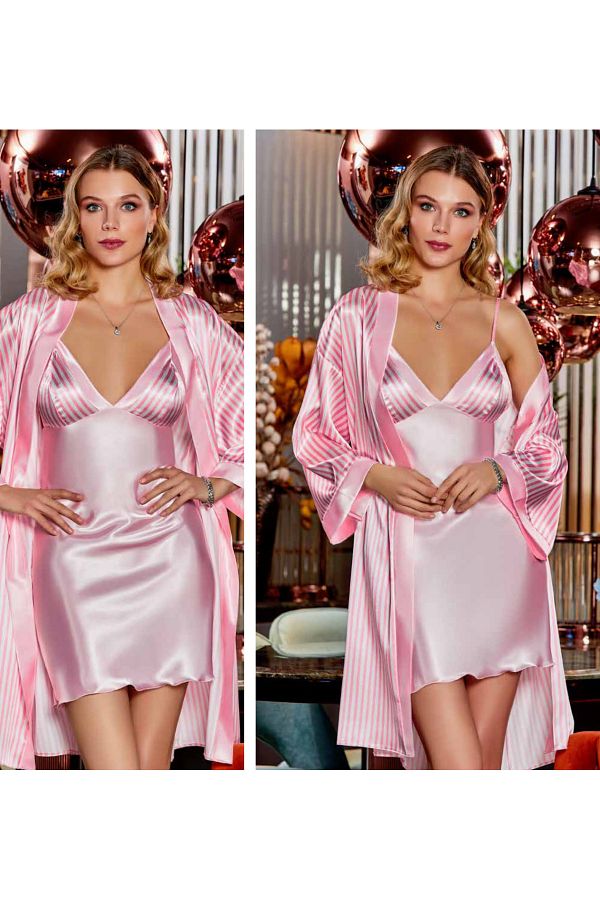 secret night Pink Satin Nightgown and Dressing Gown Set Women s Home Nightgown Set of 2 Trendyol