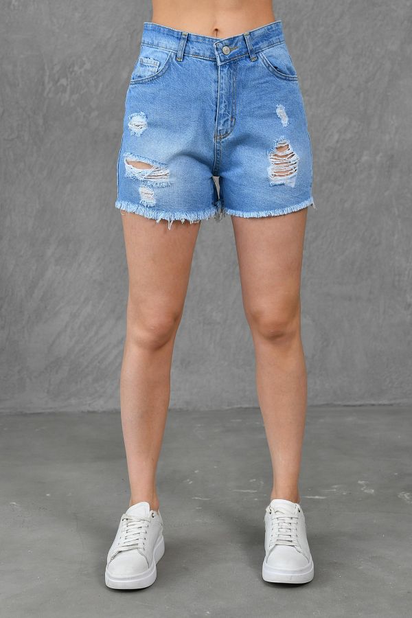 vuvutasarım-Ripped Blue Denim Shorts mit hoher Taille ohne Lycra Ripped Blue Denim Shorts 70344 1