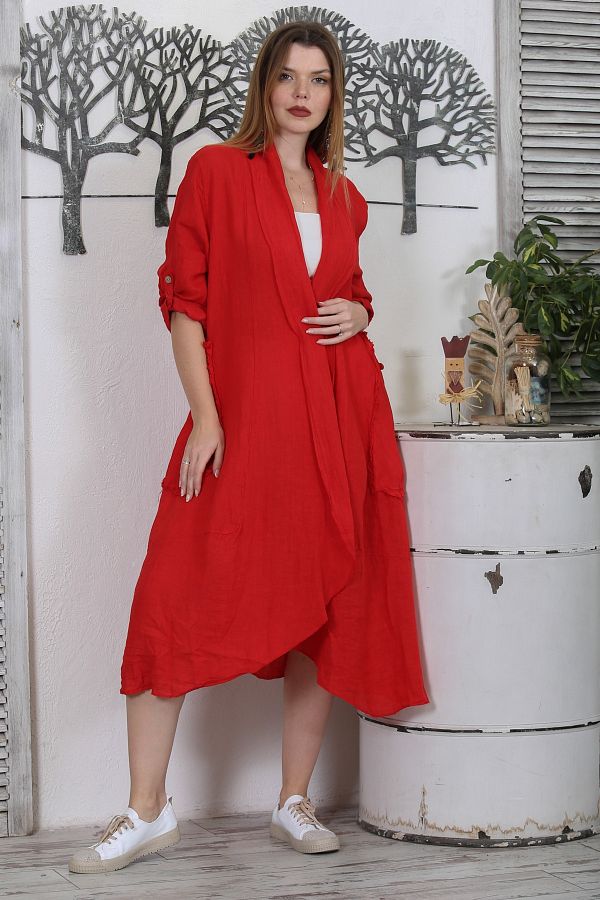 Chiccy Italian Red Long Sleeve Linen Kimono Jacket with Buttons and Double Pockets Trendyol