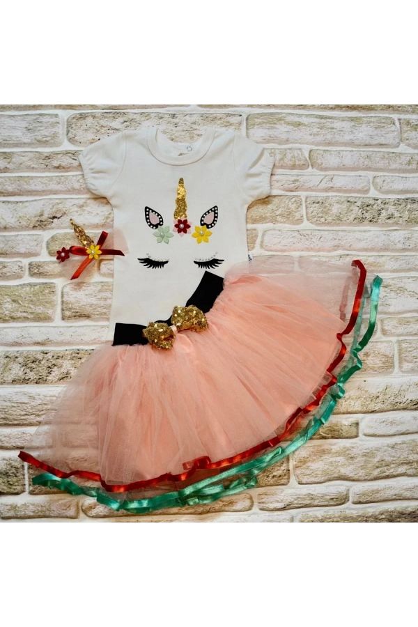 bedwear 9 12 18 Months Short Sleeve Pony Embroidered Tutu Skirt 3 Piece Baby Girl Set Powder Trendyol