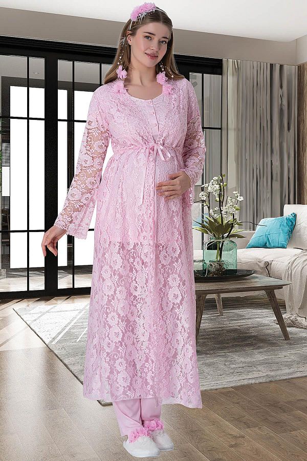 Lohussa Pink Lace Women s Maternity Pajamas and Dressing Gown Set 3 Piece Trendyol