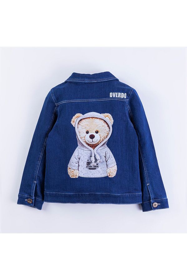 Overdo Boy s Dark Blue Teddy Bear Printed Jeans Jacket Trendyol