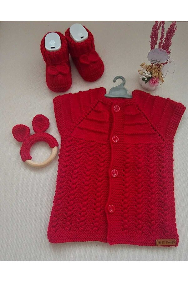 BEGİN Bebek Patik Yelek Diş Kaşıyıcı Organik Pamuk El Örgüsü Kırmızı Takım