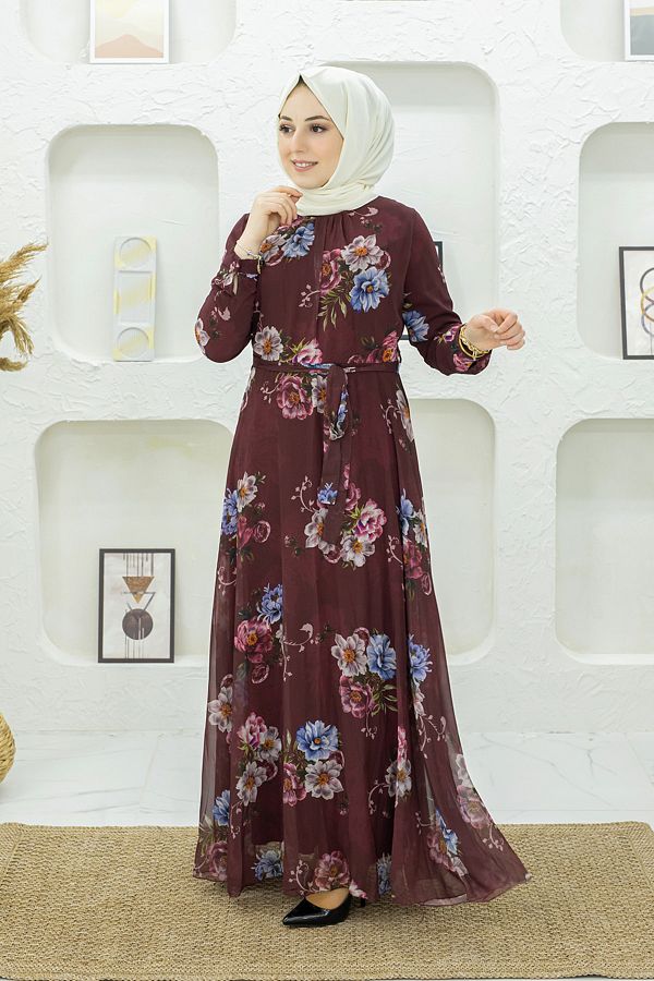 Mec Fashion Burgundy Hijab Dress Floral Pattern Trendyol
