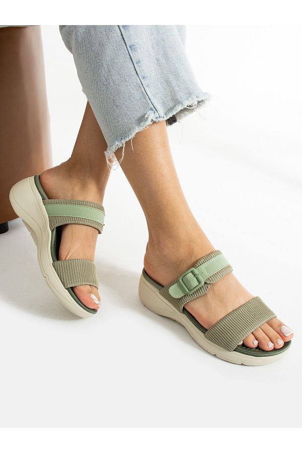 Alemdar Shoes-Green Knitwear Women's Slippers - QUİN 1