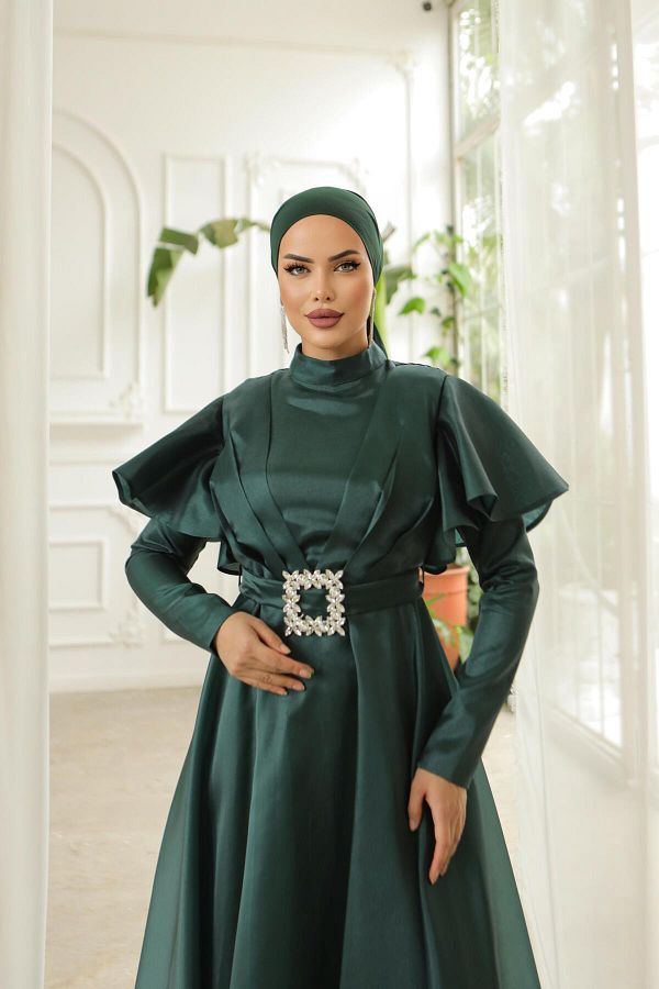 hakimoda Emerald Green Hijab Han Organza Evening Dress Trendyol