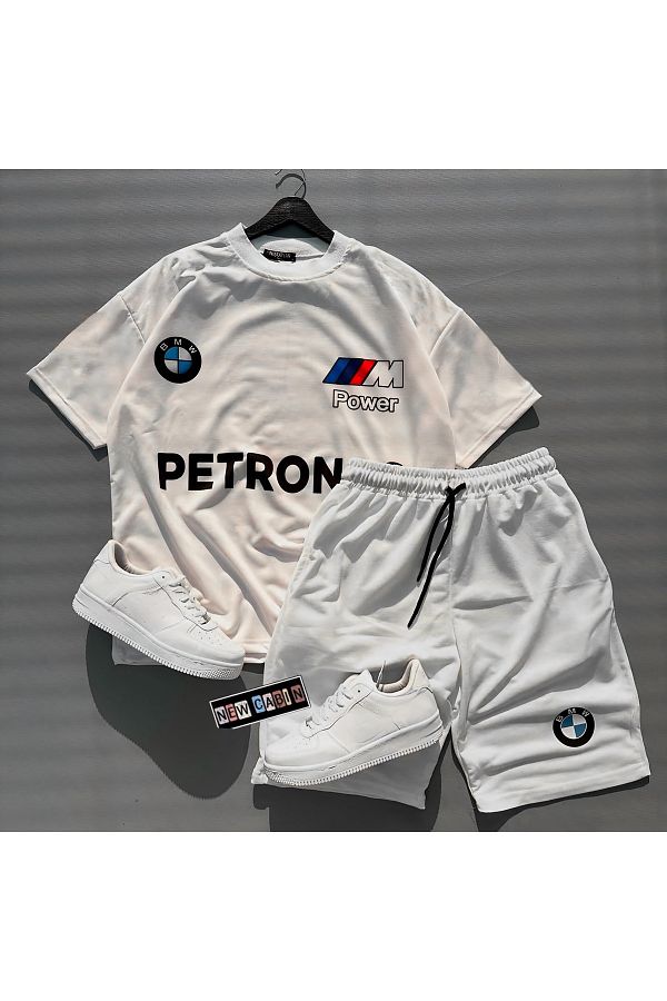 NewCabin-طقم شورت كريمي للموسم الجديد كبير الحجم "BMW PETRONAS" مطبوع عليه تي شيرت قطني أبيض 1