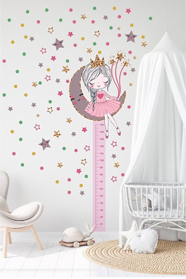 Kt Grup Ayda Oturan Sevimli Kız 150 Adet Yıldız Ve Puantiye Mega Çocuk Odası Boy Ölçer Duvar Sticker Seti